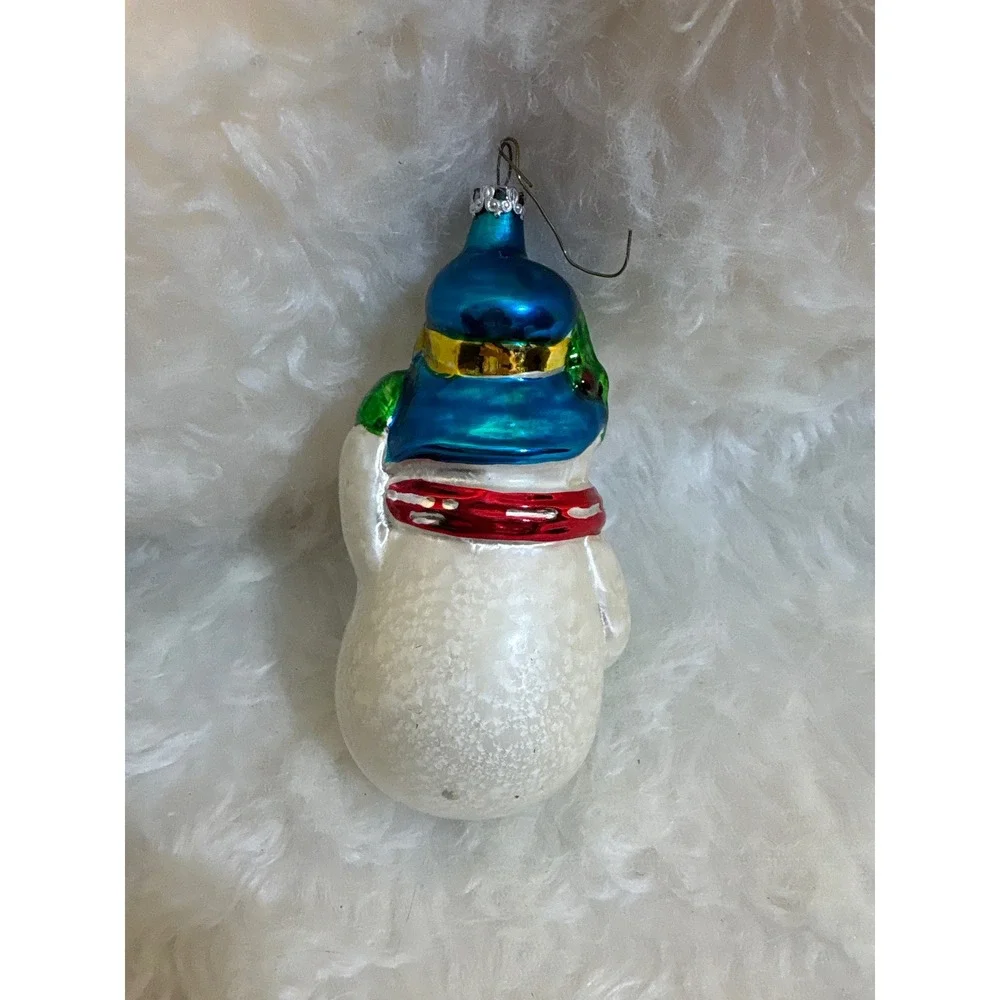 Radko Vintage Glass Snowman Christmas Ornament Blue Hat Red Scarf 5 Inch